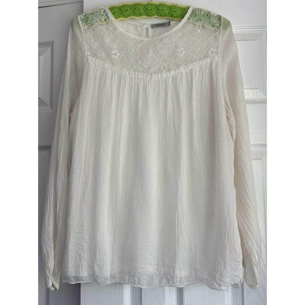 TENDENZE Italy 100% Silk Top Blouse Large White L/S Lace Boho Fairy Festival